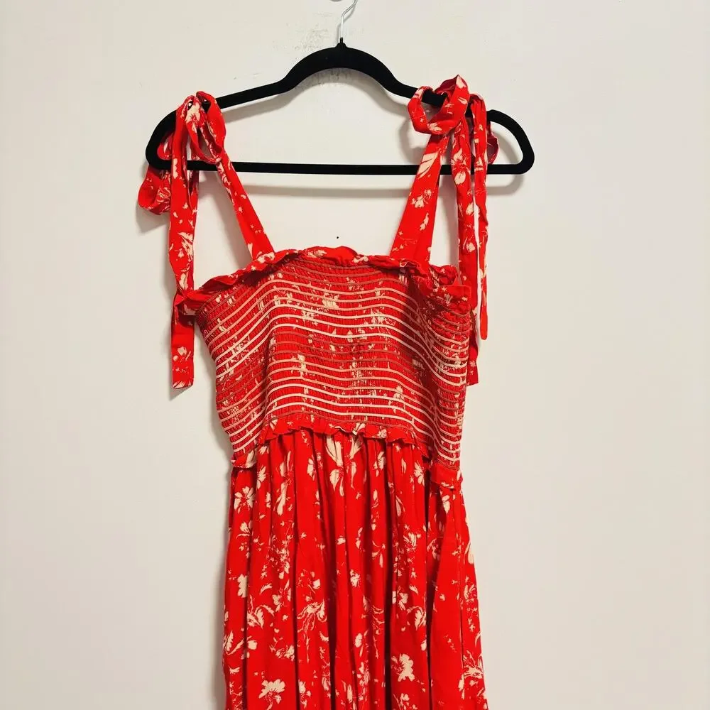 Free People Dress Womens Small Red Palazzo Jumpsuit My World Smocked Maxi NWT